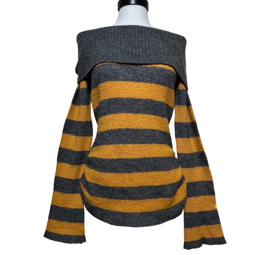 Y2K Off Shoulder Striped Long Sweater Gray Yellow‎ Bell Sleeve Slouchy Boho L